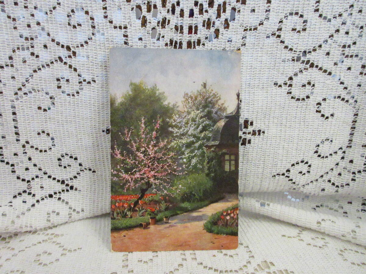 ドイツ製　アンティーク　ポストカード　絵葉書　風景　木々　チューリップ　植木鉢　鳥小屋　家　庭　未使用_画像1
