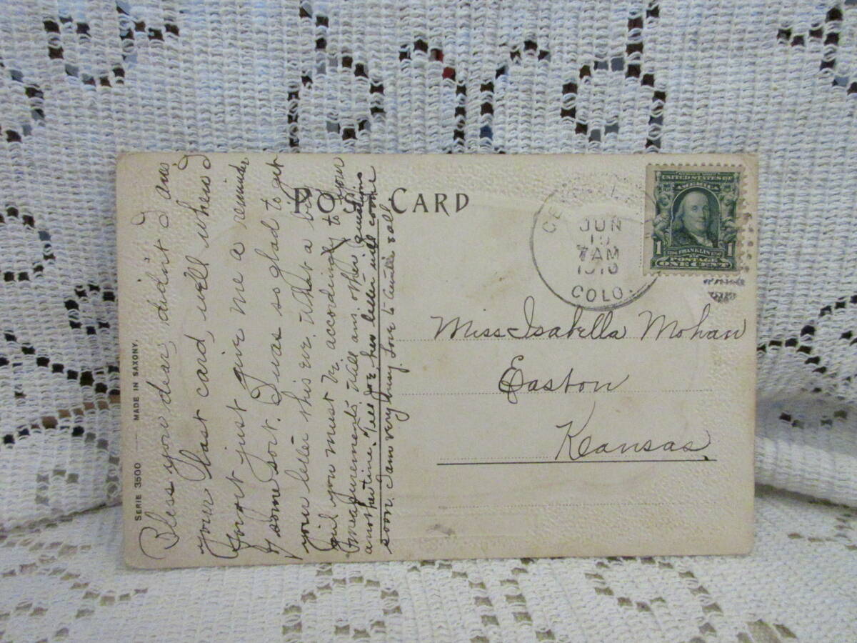 ドイツ製　アンティーク　ポストカード　絵葉書　エンボス　水辺の家　馬車　子供　古い水車小屋　アメリカ切手1910年