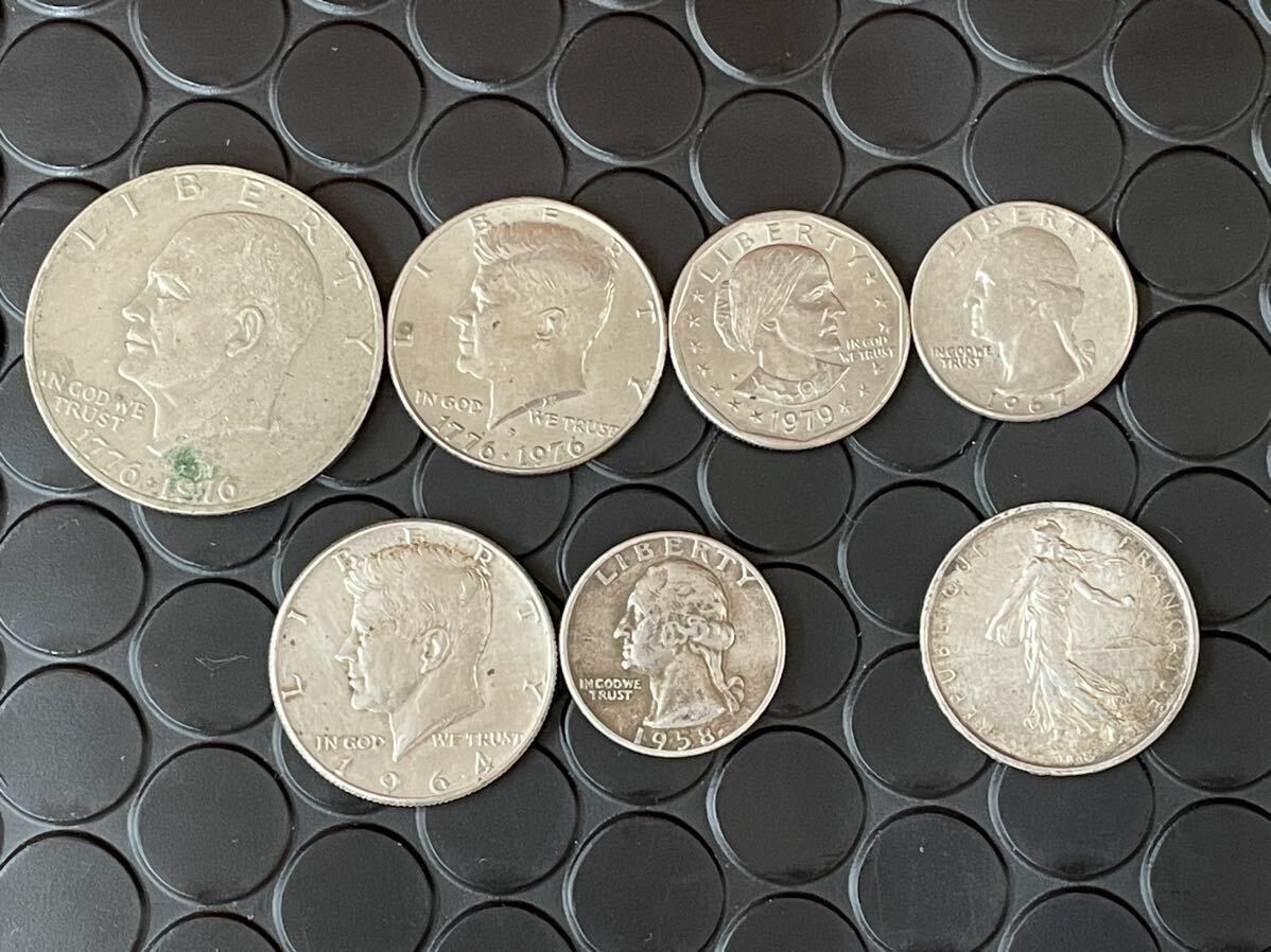 アメリカ合衆国 LIBERTY リバティ ONE・HALF・QUARTER DOLLAR 1ドル 50セント 25セント フランス 5FRANCS フラン旧貨幣 旧硬貨 銀貨の画像1