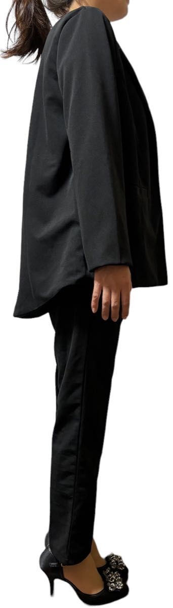 L ネイビー ノーカラー パンツスーツ フォーマル スーツ ママ服 シンプル 卒業式 入学式 卒園式 セットアップ オフィス　韓国