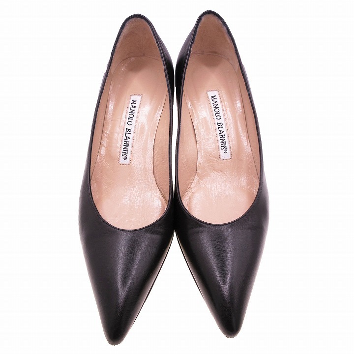 マノロブラニク Manolo Blahnik レザー パンプス ポインテッドトゥ ミドルヒール 本革 シューズ 靴 34 22.0 黒 ブラック ur34_画像2