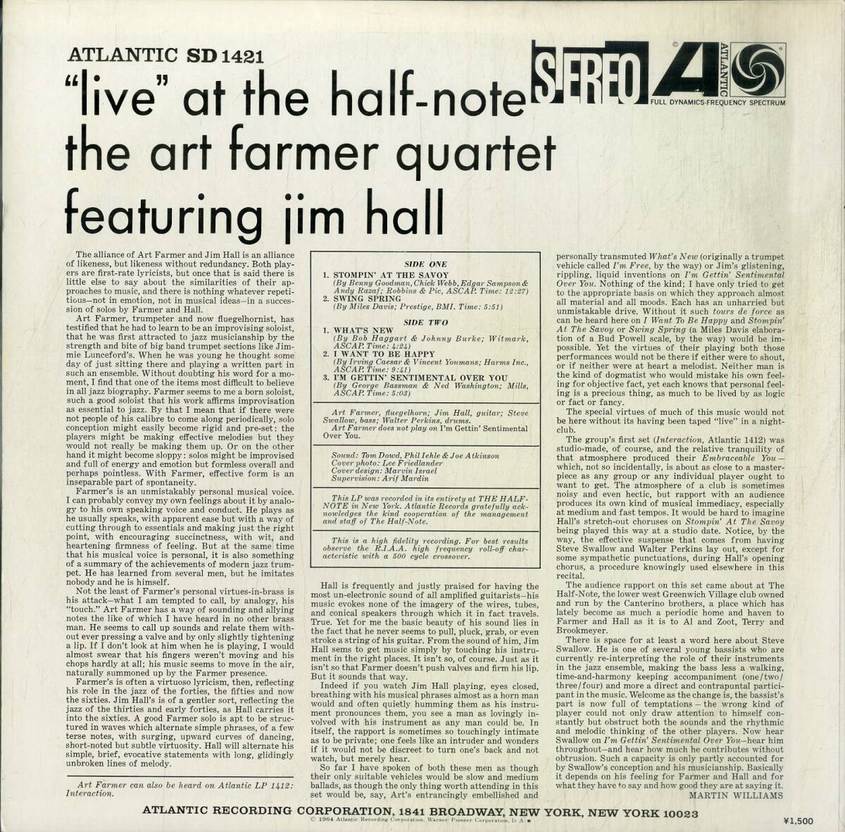 A00590679/LP/The Art Farmer Quartet「Live At The Half-Note」の画像2