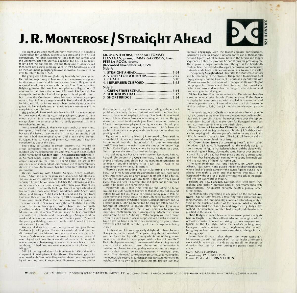 A00590927/LP/J.R.モンテローズ「ストレイト・アヘッド」の画像2