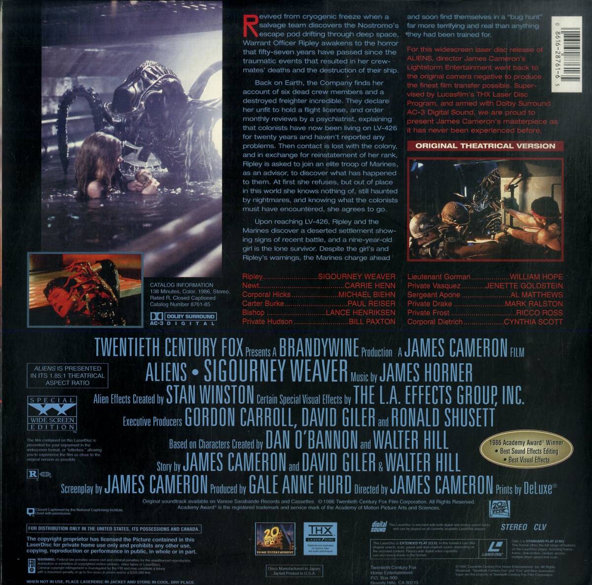 B00180688/LD2枚組/シガニー・ウィーバー「Aliens 1986 [Widescreen] エイリアン2 (1995年・8761-85)」の画像2