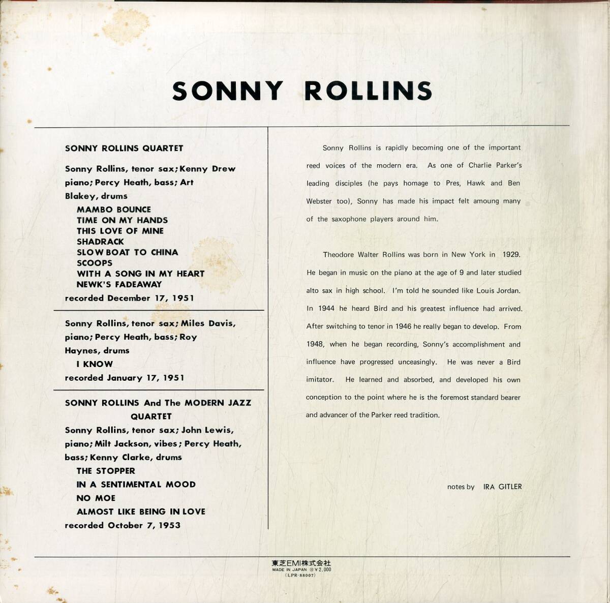 A00591001/LP/ソニー・ロリンズ「Sonny Rollins With The Modern Jazz Quartet」の画像2