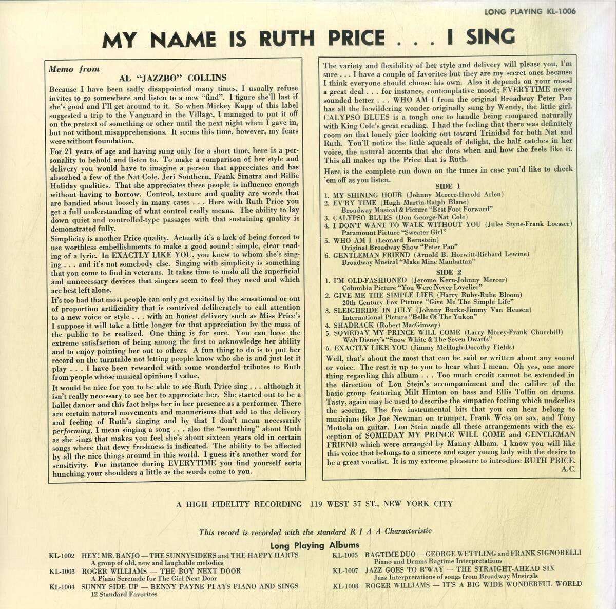 A00592348/LP/ルース・プライス (RUTH PRICE)「My Name Is Ruth Price... I Sing! (KL-1006・ヴォーカル)」の画像2