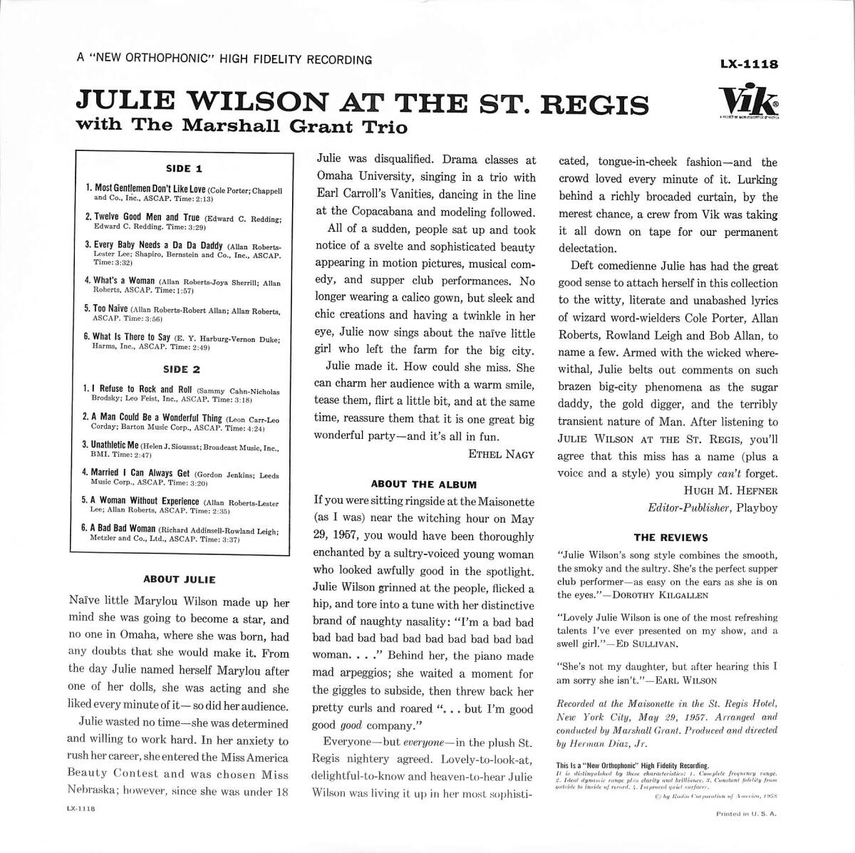 A00591161/LP/ジュリー・ウィルソン with ザ・マーシャル・グラント・トリオ「Julie Wilson At The St. Regis (1993年・BVJJ-2850・MONO_画像2