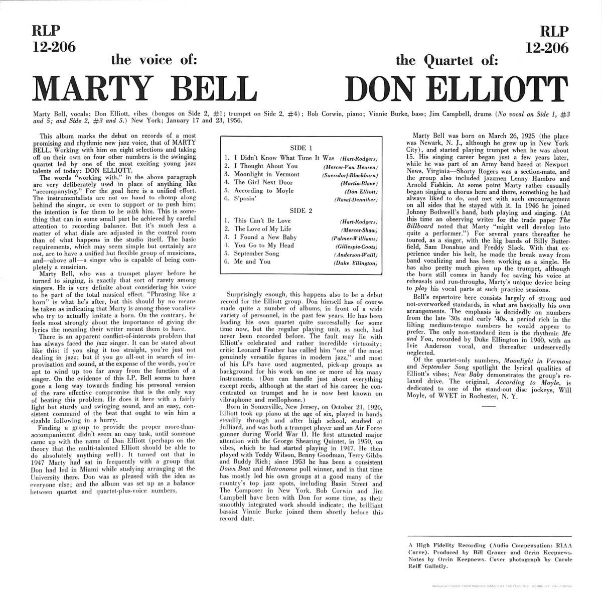 A00591450/LP/マーティ・ベル / ドン・エリオット・カルテット「The Voice Of Marty Bell - The Quartet Of Don Elliott (RLP-12-206・ヴの画像2
