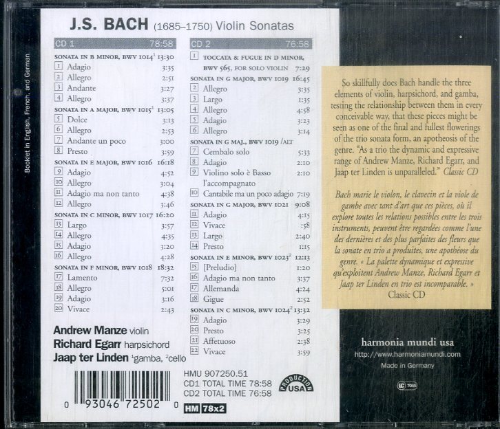 D00161028/CD/アンドルー・マンゼ(Vn) / リチャード・エガー(Cemb) / ヤープ・テル・リンデン(Vc)「Bach / Violin Sonatas (2000年・HMU-の画像2