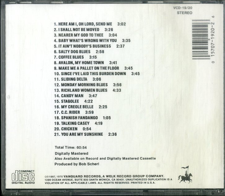 D00160738/CD/ミシシッピ・ジョン・ハート「The Best Of Mississippi John Hurt (1989年・VCD-19-20・カントリーブルース・デルタブルー_画像2