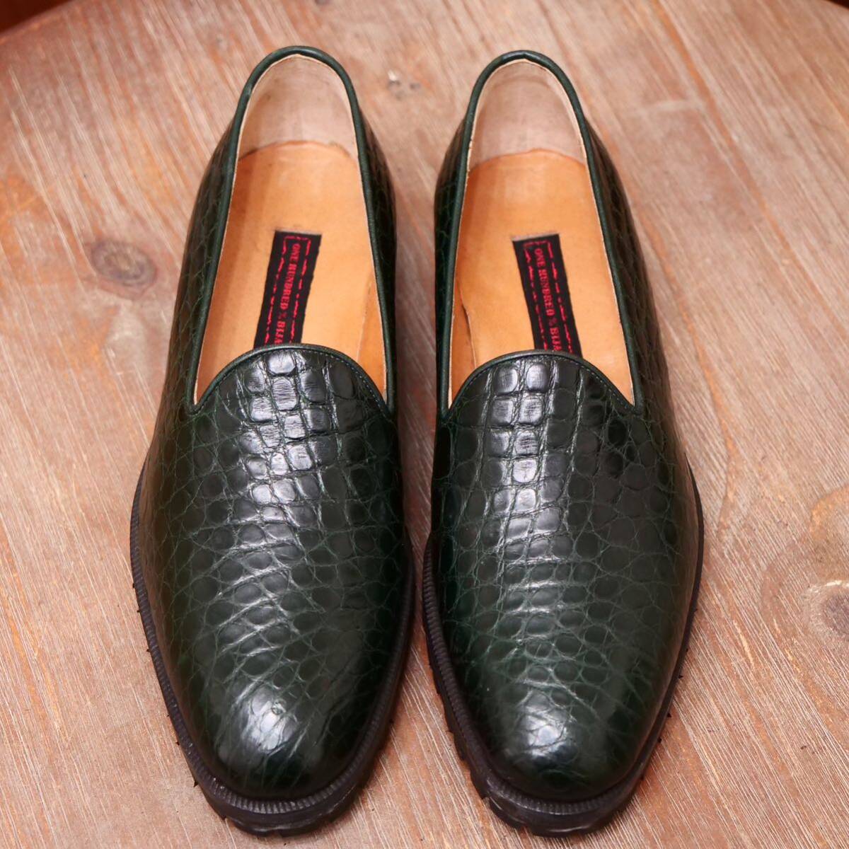 最高級◎【ONE HUNDRED%BIJAN】ビスポーク グリーンクロコダイルスリッポン 24.5cm前後 ビジネスカジュアル メンズ 革靴の画像8