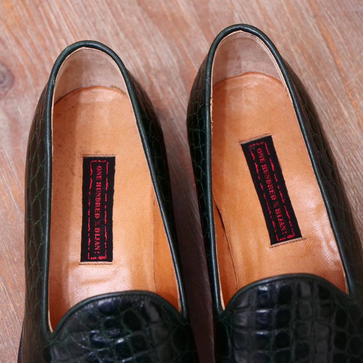 最高級◎【ONE HUNDRED%BIJAN】ビスポーク グリーンクロコダイルスリッポン 24.5cm前後 ビジネスカジュアル メンズ 革靴の画像7