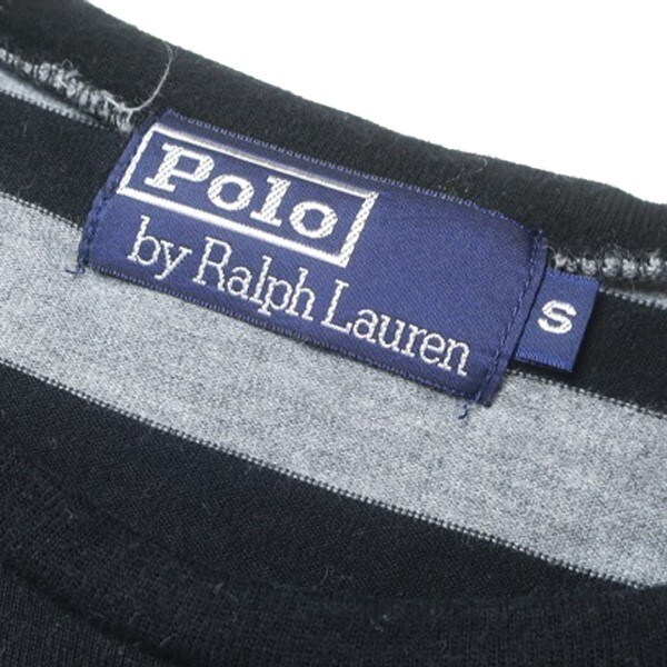 ベーシック! 90s Ralph Lauren ラルフローレン ヴィンテージ ロゴ刺繍 ボーダー Tシャツ ブラック グレー 黒 灰色 Sサイズ メンズ 古着_画像6
