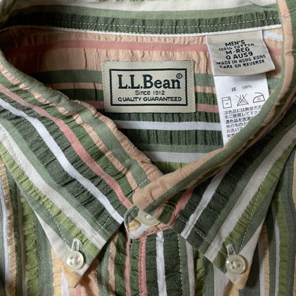 グッドデザイン! 90s 00s L.L.Bean エルエルビーン マルチストライプ柄 ボタンダウン 長袖シャツ 緑 白 黄色 ピンク M メンズ 古着_画像6