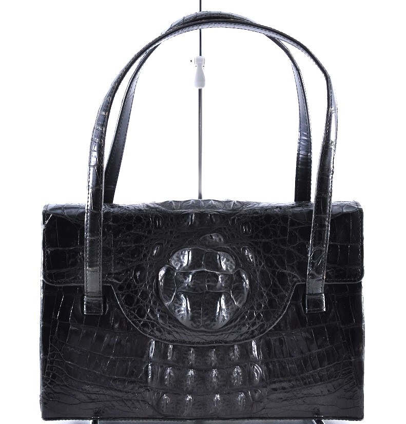 クロコ ワニ エキゾチックレザー ハンドバッグ 手さげかばん 革 ブラック 黒 レディース 女性 上品なデザイン 5C4014_画像1