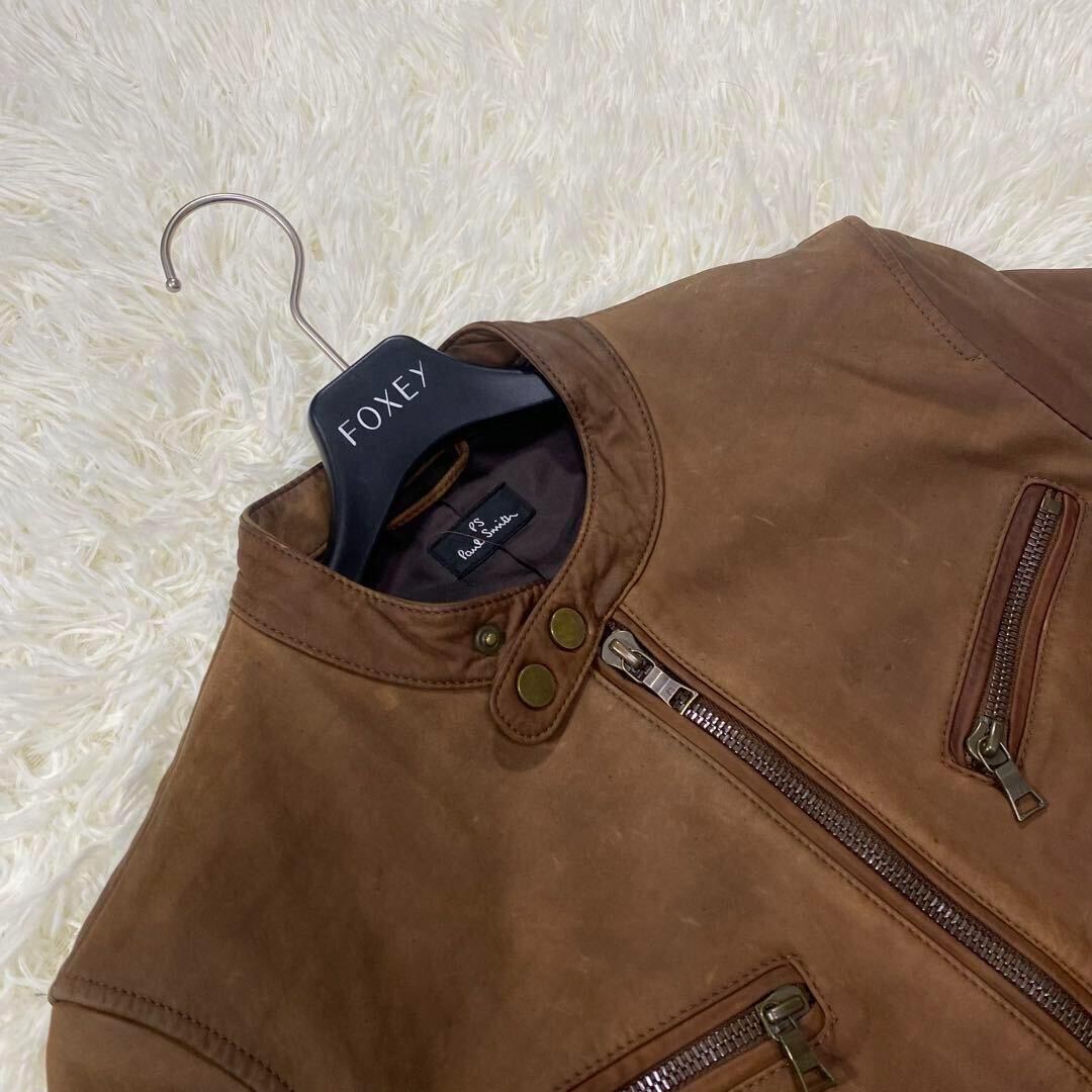  beautiful goods /L corresponding *Paul Smith Paul Smith leather jacket Single Rider's cow leather car fuka u leather Brown Biker gold metal fittings Gold 