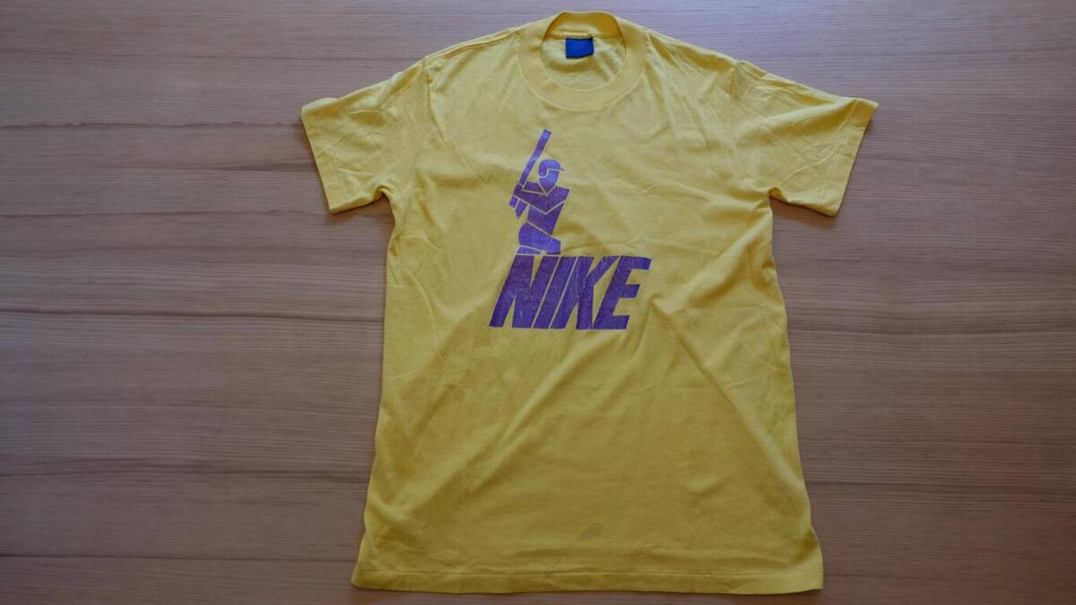 ⑮80s USA製 黄色ビンテージ ナイキ Mサイズ 紺タグ 野球プリント 半袖 Tシャツ 80年代 アメリカ製の画像1
