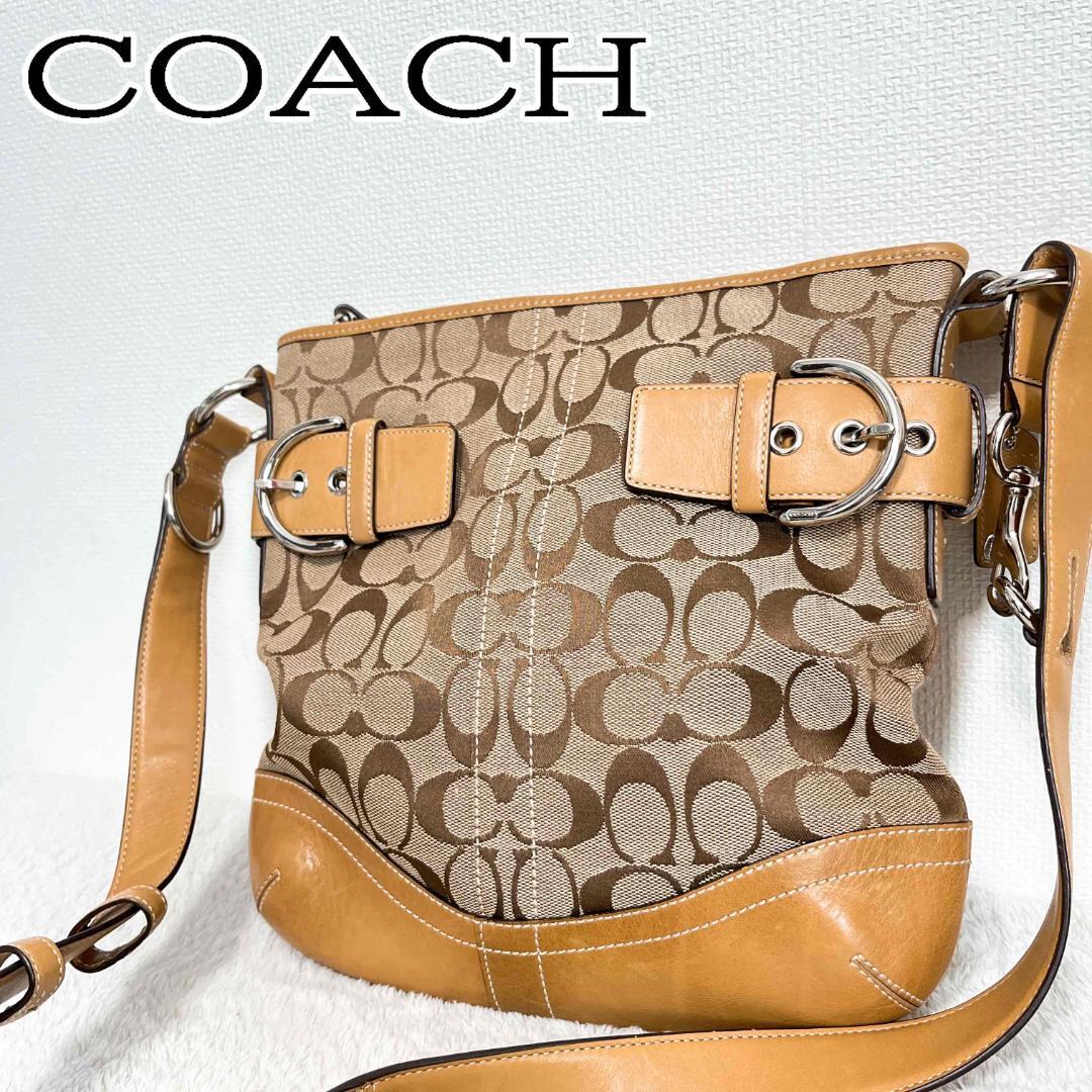 美品COACH コーチショルダーバッグハンドバッグシグネチャー総柄ブラウン茶