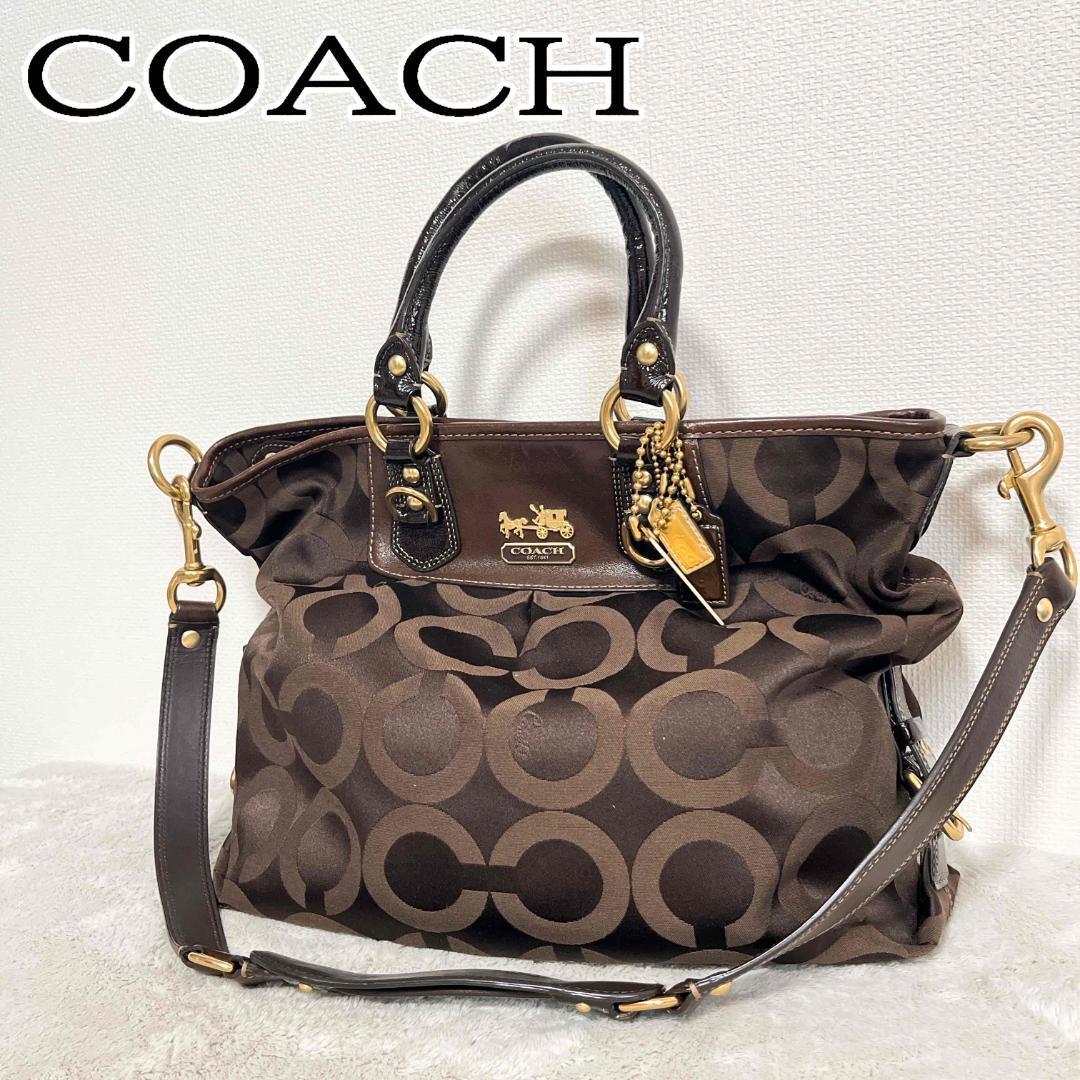 美品COACH コーチショルダーバッグハンドバッグブラウン茶シグネチャー総柄_画像1