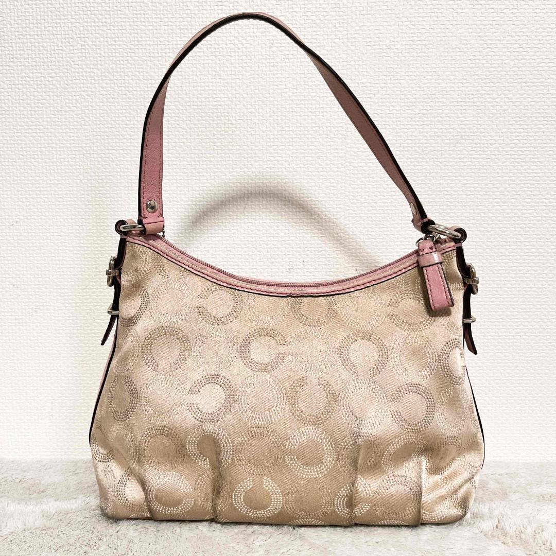 美品COACHコーチハンドバッグトートバッグシグネチャーベージュゴールドピンク