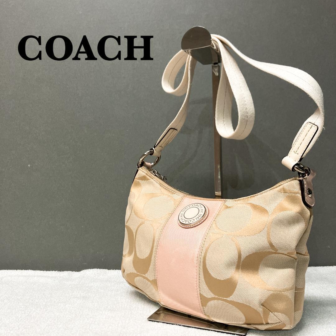 美品COACH コーチショルダーバッグハンドバッグベージュシグネチャー総柄_画像1