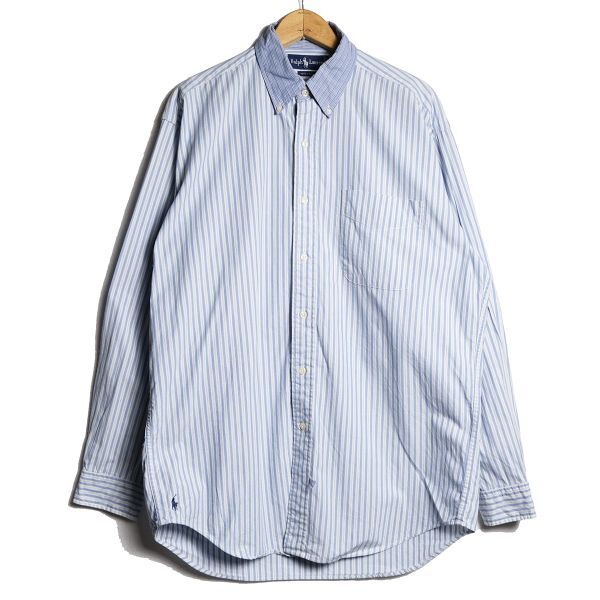 90's 00's ラルフローレン 襟切替 ストライプ コットン ボタンダウンシャツ (M) 白×青 裾ポニー 90年代 00年代 旧タグ オールド Y2Kの画像1