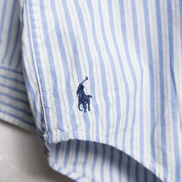 90's 00's ラルフローレン 襟切替 ストライプ コットン ボタンダウンシャツ (M) 白×青 裾ポニー 90年代 00年代 旧タグ オールド Y2Kの画像4