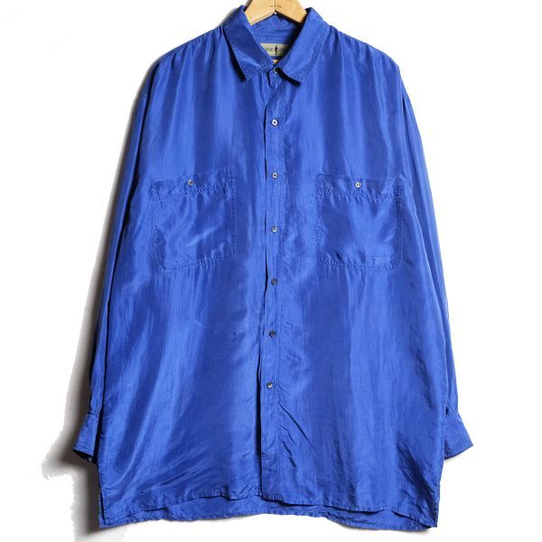 90's ロバートストック 100% シルク シャツ 長袖 (XL) 青系 無地 ボックスシャツ SILK 90年代 旧タグ オールド ROBERT STOCK Y2K_画像1