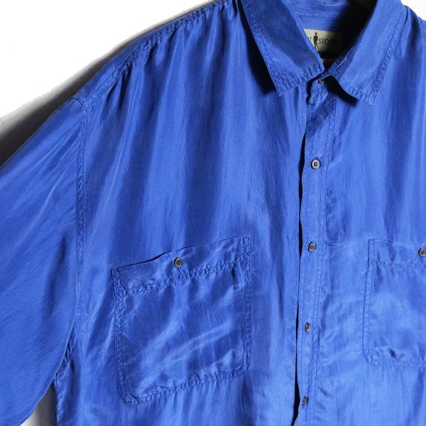 90's ロバートストック 100% シルク シャツ 長袖 (XL) 青系 無地 ボックスシャツ SILK 90年代 旧タグ オールド ROBERT STOCK Y2K_画像3