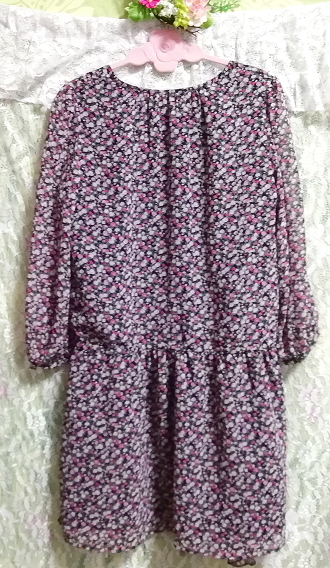 紫黒白花柄シフォン長袖ネグリジェチュニックワンピース Purple black white floral print chiffon long sleeve negligee tunic dress