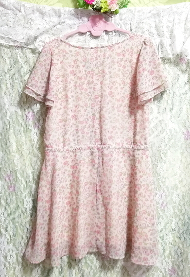 淡いピンク花柄シフォン綺麗ボタンネグリジェ半袖チュニックワンピース Pale pink floral pattern chiffon negligee tunic dress