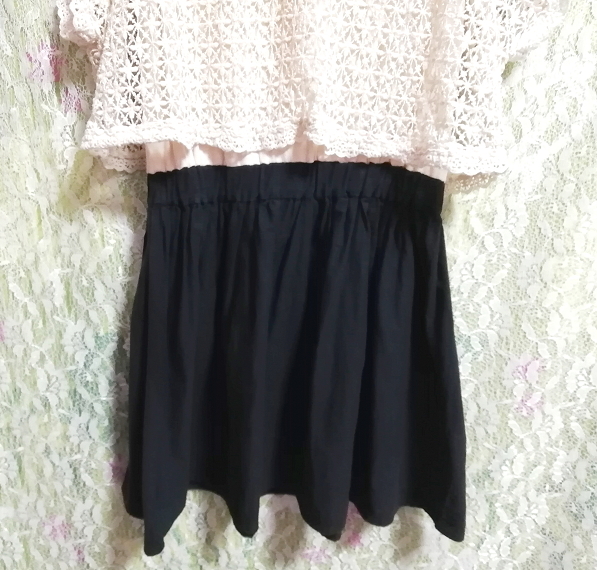 フローラルホワイトレース黒スカートコットンネグリジェチュニックワンピース Floral white lace black skirt cotton negligee tunic dress