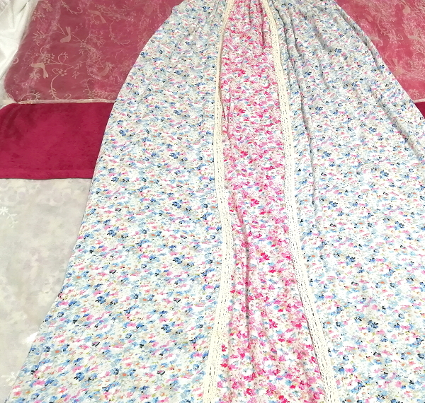 ピンク青花柄ネグリジェキャミソールマキシロングスカートワンピース Pink blue flower pattern negligee camisole maxi long skirt dress