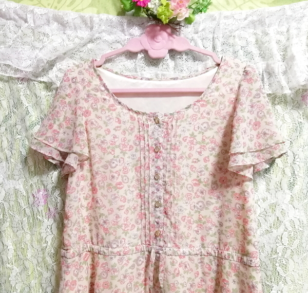 淡いピンク花柄シフォン綺麗ボタンネグリジェ半袖チュニックワンピース Pale pink floral pattern chiffon negligee tunic dress