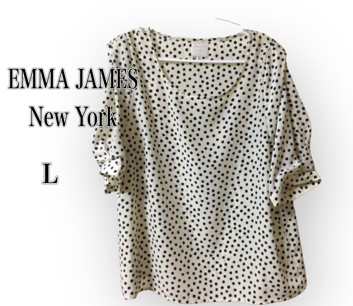 EMMA JAMES New Yorkブラウス オフホワイト半袖　紺の水玉　白 _画像1