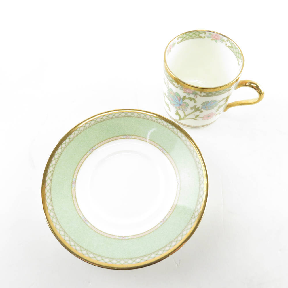 美品 Noritake ノリタケ YOSHINO ヨシノ 9983 デミタスカップ＆ソーサー 2客 ペア 金彩 緑 SU6459B1_画像2