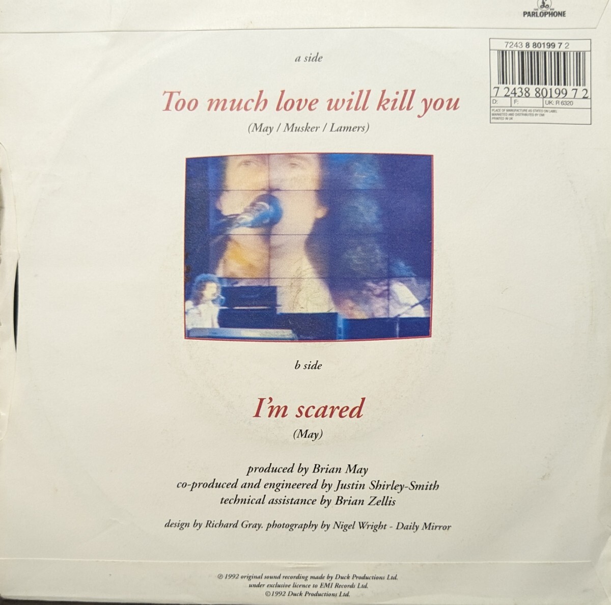 ◎特選◎BRIAN MAY/TOO MUCH LOVE WILL KILL YOU1992'UK PARLOPHONE7INCH_画像2