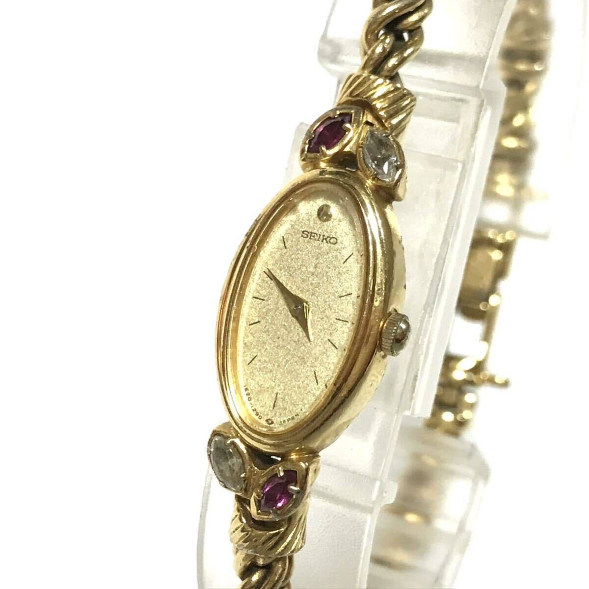 SEIKO セイコー 1E20-5760 動作品 クォーツ ゴールド 石付き オーバル 2針 レディース 腕時計