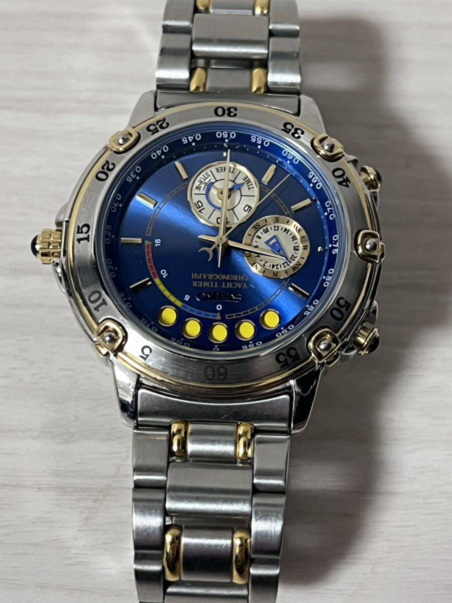 良品 希少 SEIKO セイコー クロノグラフ ヨットタイマー SEIKO YACHT TIMER 6M37-6000動作品 メンズ腕時計 クォーツ ブルー 送料無料の画像3
