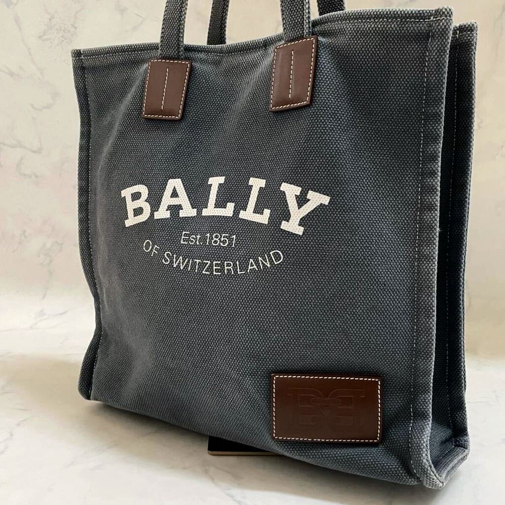 美品 *A4可●BALLY バリー トートバッグ 肩掛け ハンド キャンバス レザー デカロゴ クリスタリア 大容量 ネイビー 紺 メンズ ビジネスの画像1