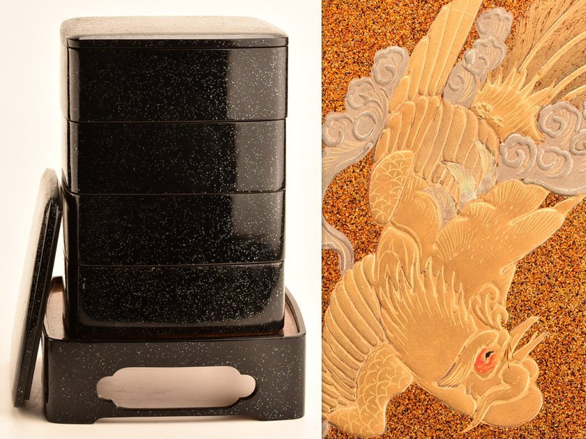 話題の人気 恵 #0925 】 大珍品!上手の金蒔絵 将棋盤型 重箱 二段重箱 木製 重箱