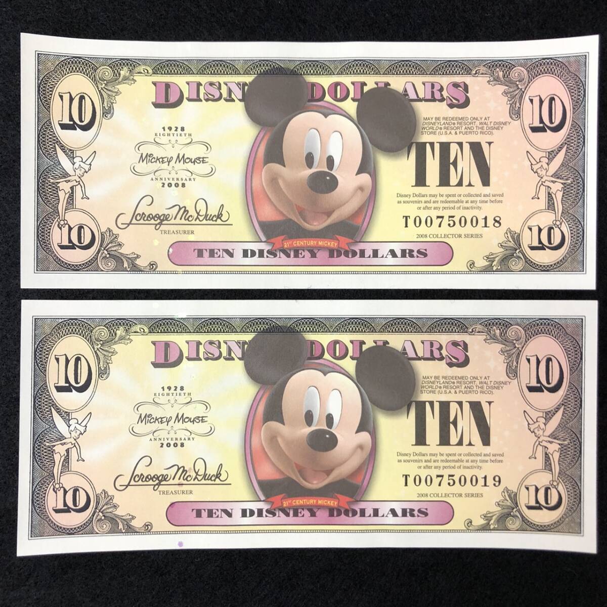 ディズニーダラー 10ドル札 2枚セット $10 紙幣 DISNEY DOLLARS 2008 ディズニーワールド 20ドル分の画像1