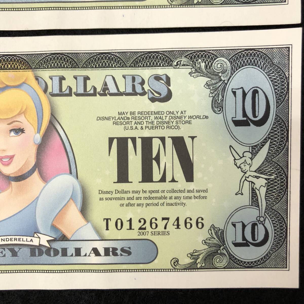 ディズニーダラー 10ドル札 2枚セット $10 紙幣 DISNEY DOLLARS 2007 ディズニーワールド 20ドル分 シンデレラの画像5