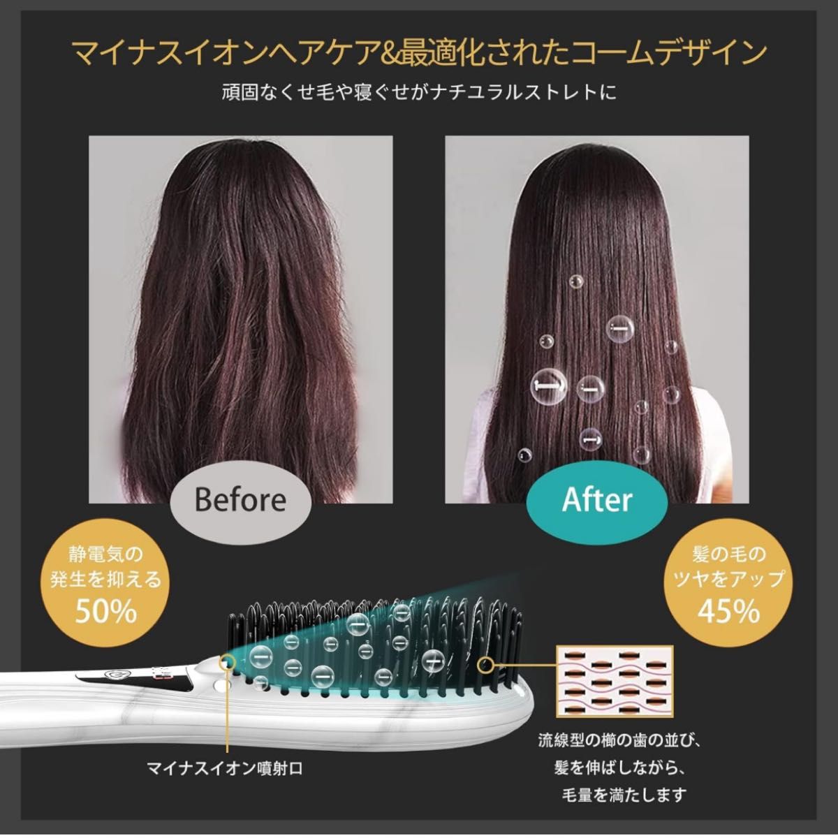 ヒートブラシ ブラシアイロン ヘアアイロン マイナスイオン ストレート ヘアケア ストレートブラシ 急速加熱 湿気 対策うねり