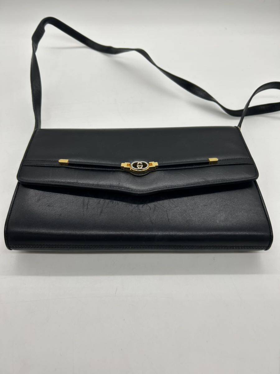 GUCCI オールドグッチ カーフレザー ブラック ショルダーバッグ ゴールド金具 MD004の画像2