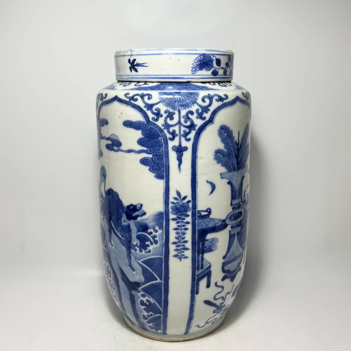 中国美術 大清康熙年製 青花瑞獣八宝紋茶葉罐 蓋罐 の画像2
