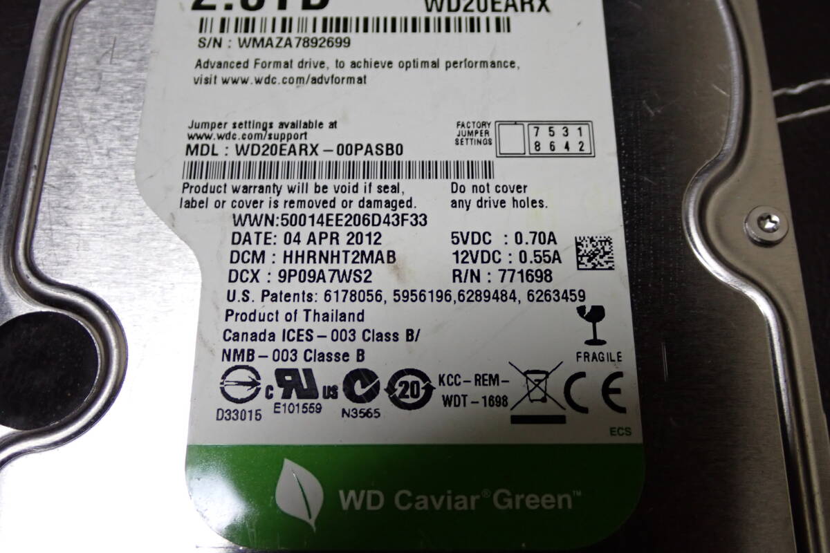 WESTERN DIGITAL ウェスタンデジタル 3.5インチ HDD 2TB WDC WD20EARX-00PASB0 使用 15回 2054時間フォーマット確認のみ#BB01686_画像7