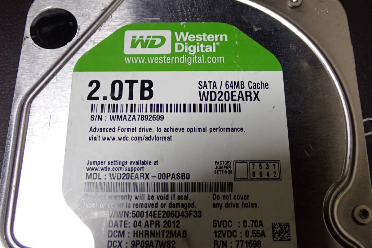 WESTERN DIGITAL ウェスタンデジタル 3.5インチ HDD 2TB WDC WD20EARX-00PASB0 使用 15回 2054時間フォーマット確認のみ#BB01686_画像6
