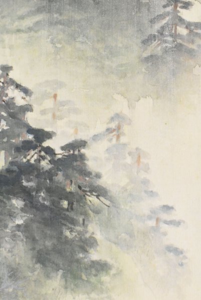 K3399 模写 碧涛「雨の嵐山」絹本 在銘 筏 梅雨 中国 日本画 古画 絵画 掛軸 掛け軸 古美術 アート 人が書いたもの_画像9
