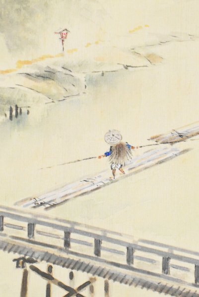 K3399 模写 碧涛「雨の嵐山」絹本 在銘 筏 梅雨 中国 日本画 古画 絵画 掛軸 掛け軸 古美術 アート 人が書いたもの_画像6